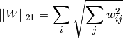 ||W||_{2 1} = \sum_i \sqrt{\sum_j w_{ij}^2}