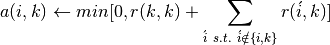 a(i, k) \leftarrow min [0, r(k, k) + \sum_{\acute{i}~s.t.~\acute{i} \notin \{i, k\}}{r(\acute{i}, k)}]