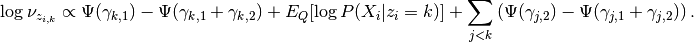 \log \nu_{z_{i,k}} \propto \Psi(\gamma_{k,1}) -
\Psi(\gamma_{k,1} + \gamma_{k,2}) + E_Q[\log P(X_i|z_i=k)] +
\sum_{j < k} \left (\Psi(\gamma_{j,2}) -
\Psi(\gamma_{j,1}+\gamma_{j,2})\right).