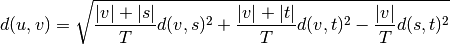 d(u,v) = \sqrt{\frac{|v|+|s|}
                    {T}d(v,s)^2
             + \frac{|v|+|t|}
                    {T}d(v,t)^2
             - \frac{|v|}
                    {T}d(s,t)^2}