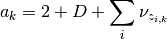 a_k = 2 + D + \sum_i \nu_{z_{i,k}}