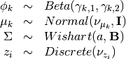 \begin{array}{rcl}
\phi_k   &\sim& Beta(\gamma_{k,1}, \gamma_{k,2}) \\
\mu_k   &\sim& Normal(\nu_{\mu_k},  \mathbf{I}) \\
\Sigma &\sim& Wishart(a, \mathbf{B}) \\
z_{i}     &\sim& Discrete(\nu_{z_i}) \\
\end{array}