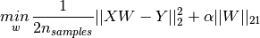 \underset{w}{min\,} { \frac{1}{2n_{samples}} ||X W - Y||_2 ^ 2 + \alpha ||W||_{21}}